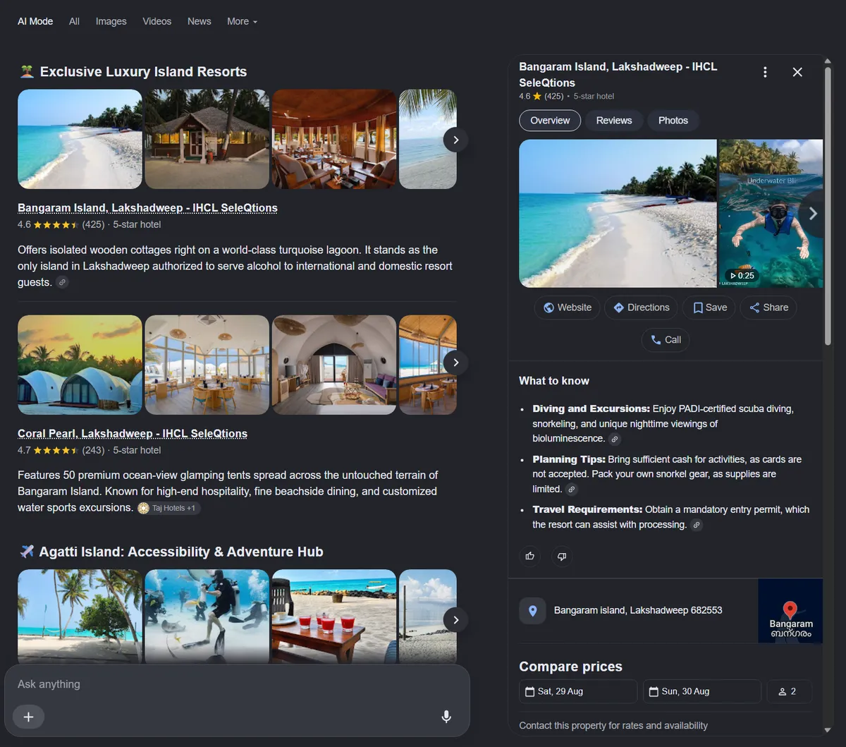 Google AI Mode results comparing best hotels in Lakshadweep