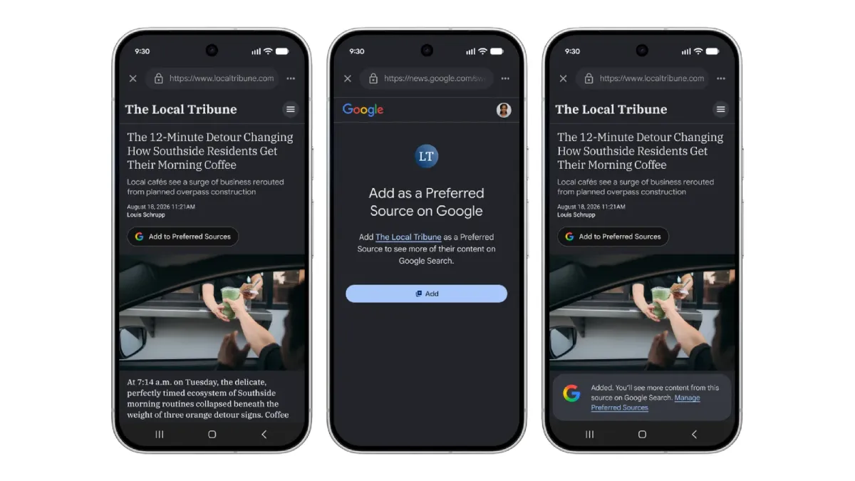 Illustration of readers using the Google Preferred Sources button across devices