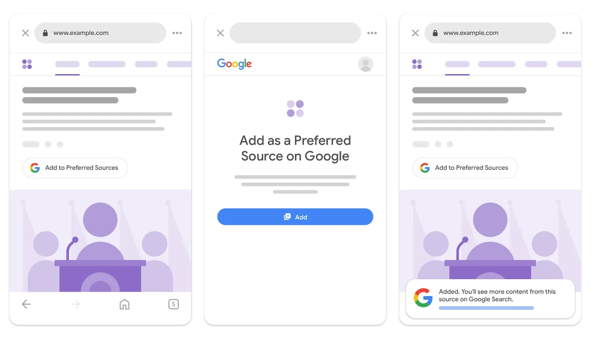 Google Search Central documentation showing the JavaScript embed code for the Preferred Sources button