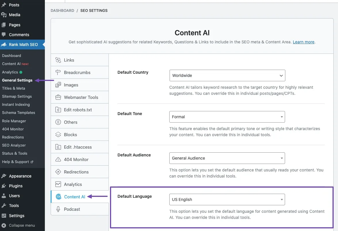 Rank Math settings panel showing default language configuration