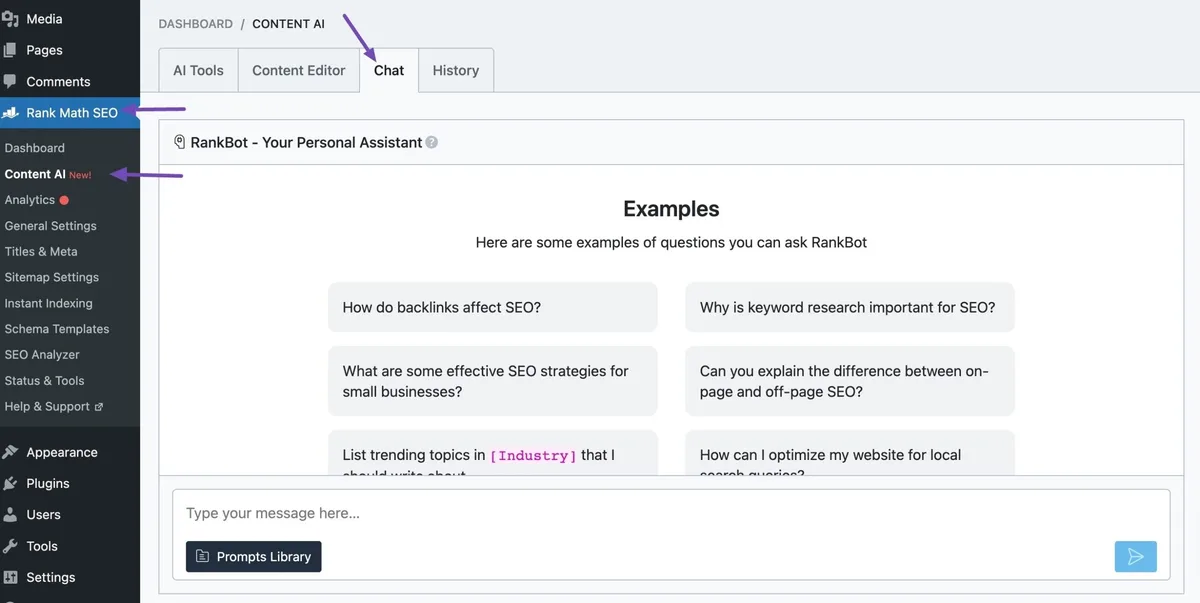 Rank Math Support Agent chat interface inside WordPress