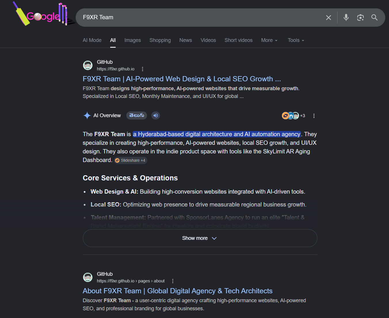 F9XR Team appearing across Google search results